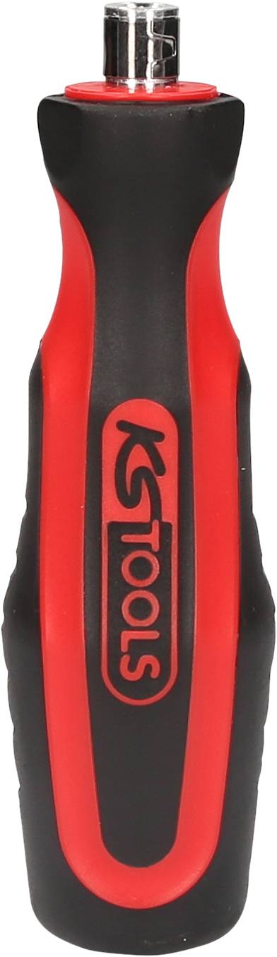 Schwarz-roter Schraubendrehergriff mit Klingenaufnahme, Markenname 'KS Tools' eingraviert, ergonomisch gestaltet für besseren Halt.