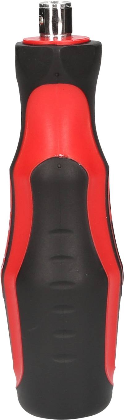 Elektrischer Schraubendreher mit ergonomischem Griff in Rot und Schwarz, vertikal abgebildet, mit silbernem Anschluss oben.