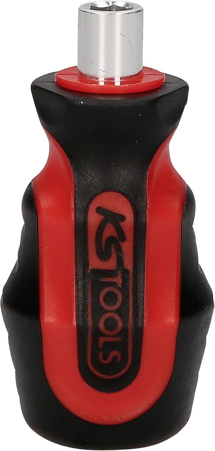 Schwarzer und roter Schraubendrehergriff ohne Spitze, stark geriffelt für besseren Halt, mit dem Logo 'KS Tools'.