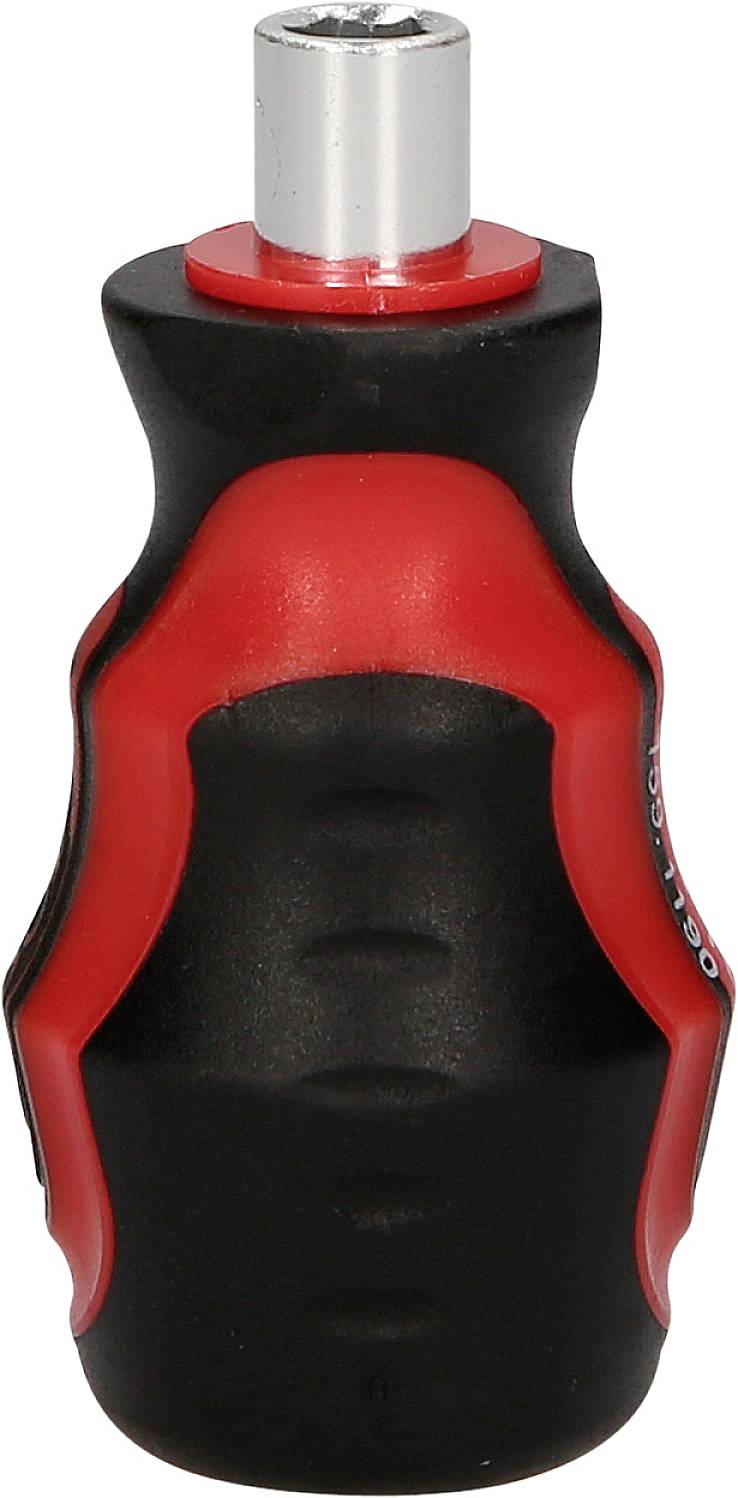 Ein roter und schwarzer Schraubendrehergriff mit ergonomischem Design, passend für verschiedene Bits, aufrecht stehend dargestellt.