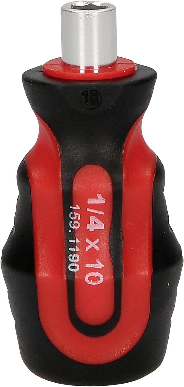 Ein kleiner, roter und schwarzer Schraubendrehergriff mit Aufschriften '1/4 x 10' und '19-1190'.