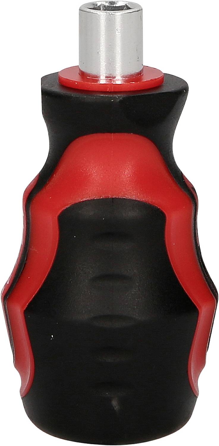 Ein ergonomischer Schraubendrehergriff, schwarz-rot, mit einem silbernen Metalleinsatz oben, auf weißem Hintergrund.