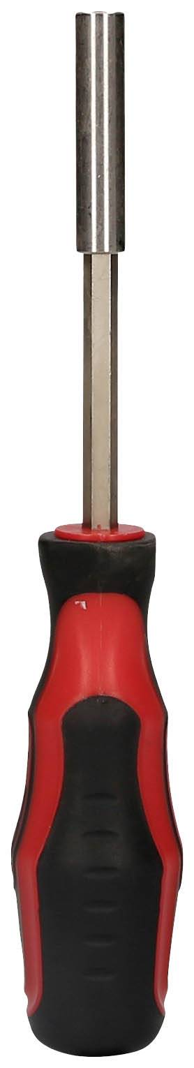 Ein roter und schwarzer Schraubendreher mit ergonomischem Griff und einem Metallkopf zum Drehen von Schrauben.