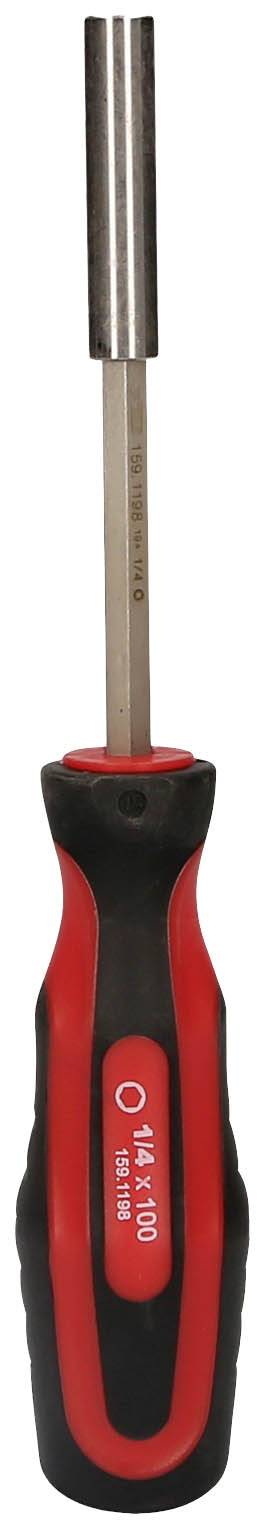 Ein Schraubendreher mit einem schwarzen und roten Griff, Metallklinge zeigt nach oben.