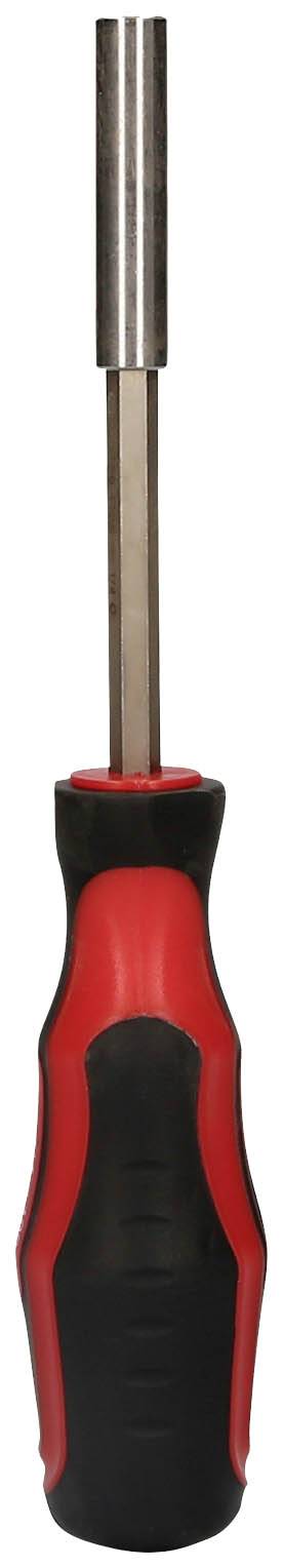 Ein Schraubendreher mit rotem und schwarzem Griff, geeignet für viele handwerkliche Arbeiten. Der Metallschaft ist lang und schmal.