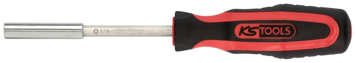 Schraubendreher mit rotem und schwarzem Griff und silberner Klinge, von der Marke KS Tools.