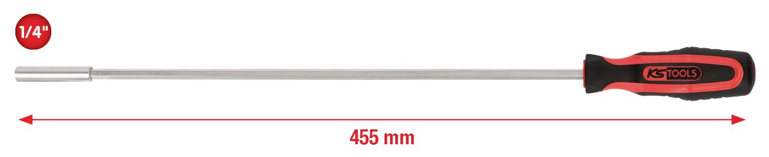 Schraubenzieher mit 455 mm langer, dünner Stange, 1/4 Zoll Sechskantaufnahme und ergonomischem Griff, rot-schwarz.