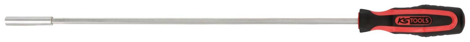 Langer Schraubendreher mit schwarzem und rotem Griff, geeignet für schwer zugängliche Stellen.