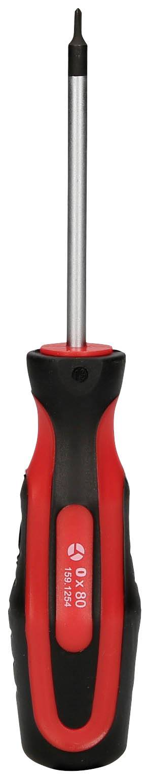 Ein rot-schwarzer Schraubendreher mit einem kleinen Kreuzschlitzkopf.