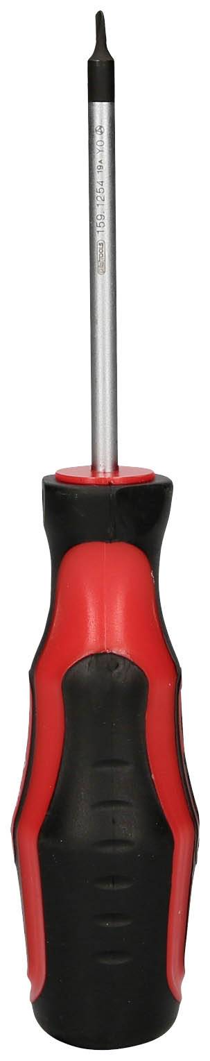 Ein roter und schwarzer Schraubendreher mit einem schwarzen Griff und einem schmalen, langen Metallkopf, aufrecht positioniert.