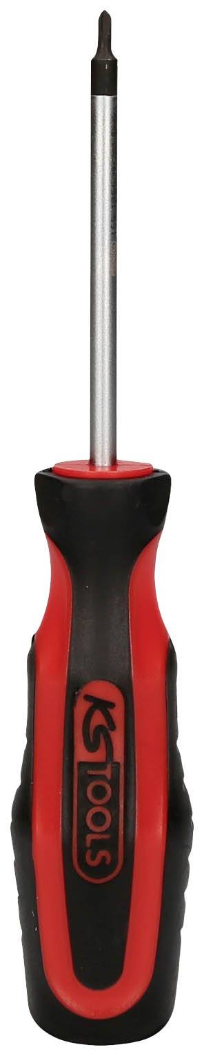 Roter und schwarzer Schraubendreher mit ergonomischem Griff und Kreuzschlitzspitze, aufrecht stehend.