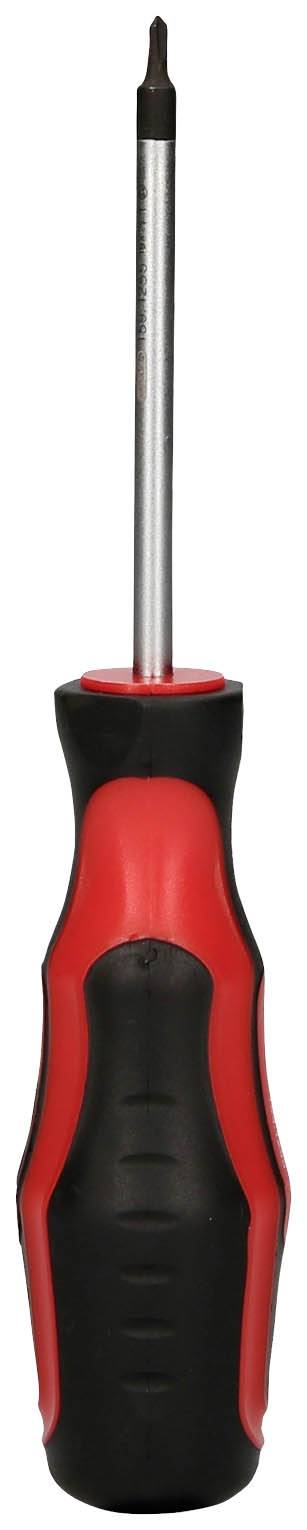 Ein Kreuzschlitz-Schraubendreher mit schwarzem und rotem Griff. Geeignet für den Einsatz bei Schrauben mit kreuzförmigem Schlitz.