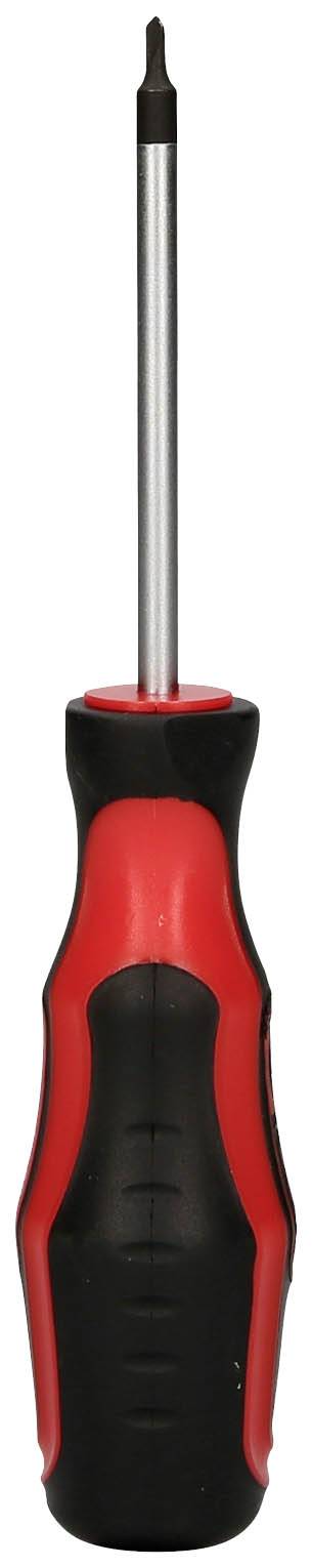 Ein rot-schwarzer Schraubendreher mit ergonomischem Griff, geeignet für verschiedene handwerkliche Arbeiten.