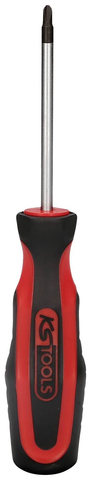 Ein rot-schwarzer Schraubendreher mit ergonomischem Griff und Kreuzschlitzspitze.