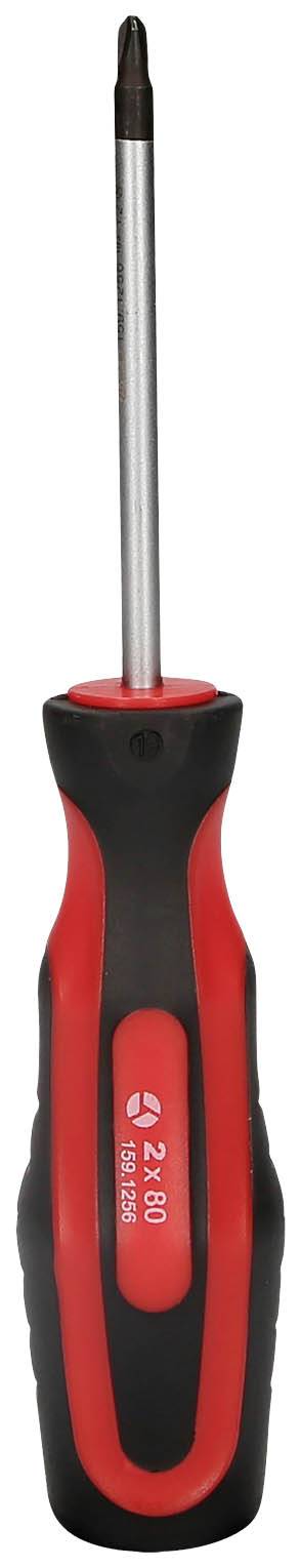 Roter und schwarzer Schraubendreher mit Kreuzschlitzklinge, ergonomischem Griff und Schriftzug 'PH2 x 100 mm'.