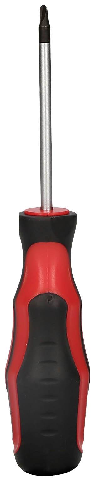 Kreuzschlitzschraubendreher mit schwarzem Griff und roten Akzenten. Geeignet zum Anziehen oder Lösen von Schrauben mit Kreuzschlitz.