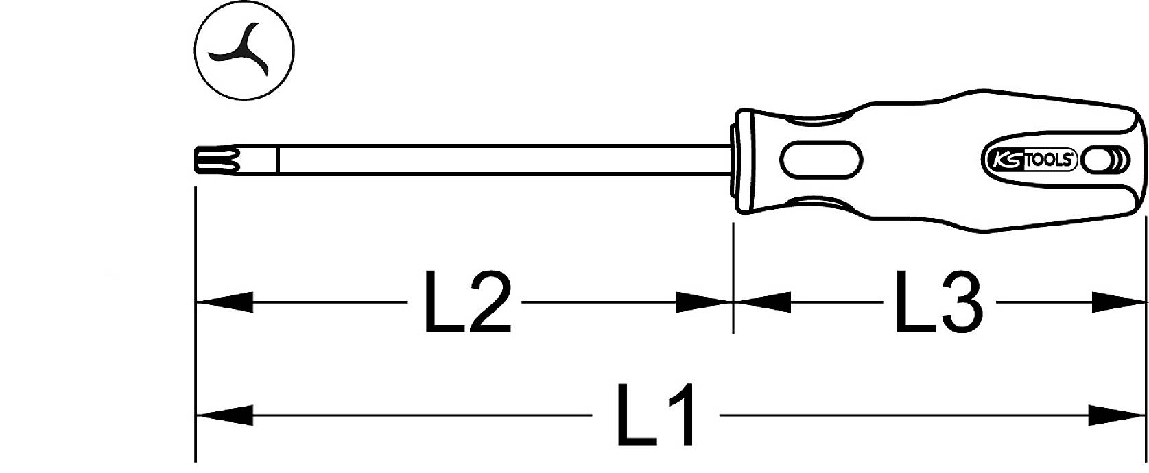 Ansicht eines Schraubendrehers mit T6-Kopfform. Markiert mit Längenmaßen: L1, L2, und L3. Markenname auf dem Griff sichtbar: KS Tools.