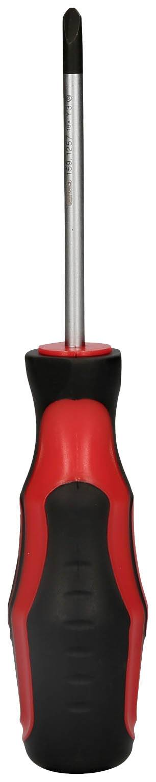 Ein roter und schwarzer Schraubendreher mit ergonomischem Griff, geeignet zum Festziehen und Lösen von Schrauben.