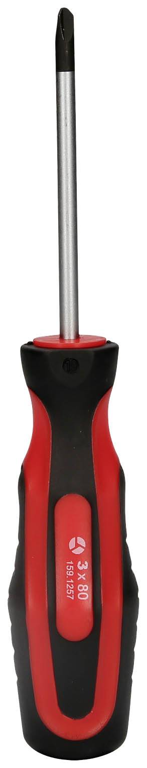 Schraubendreher mit rotem und schwarzem Griff, Kreuzschlitzkopf, robustes Design. Geeignet für allgemeine Heimwerkerarbeiten.