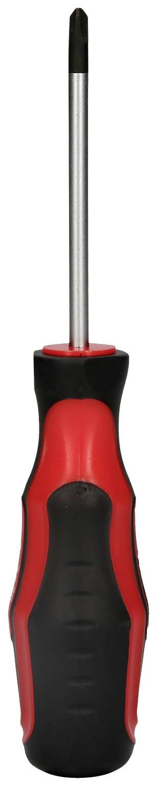 Ein schwarzer und roter Kreuzschlitz-Schraubendreher mit ergonomischem Griff.
