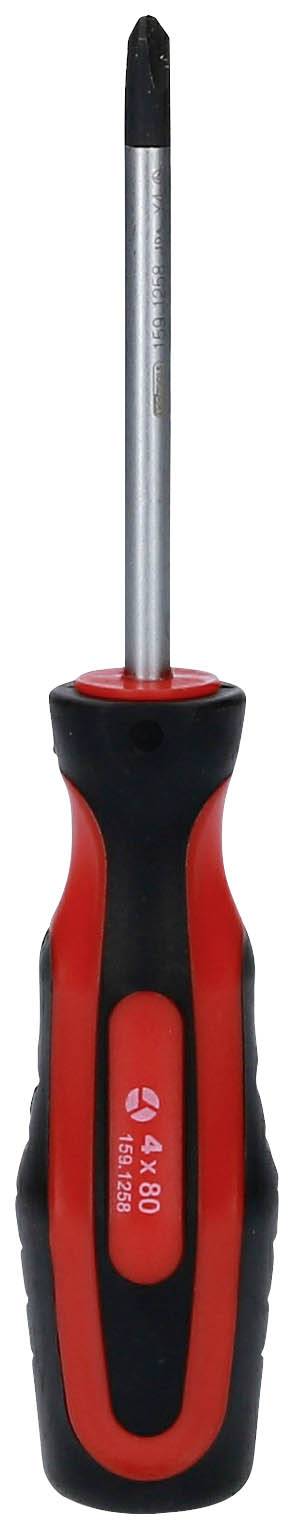 Schraubendreher mit rotem und schwarzem Griff. Spitze für Kreuzschlitzschrauben. Werkzeug für Heim- und Handwerkerarbeiten.