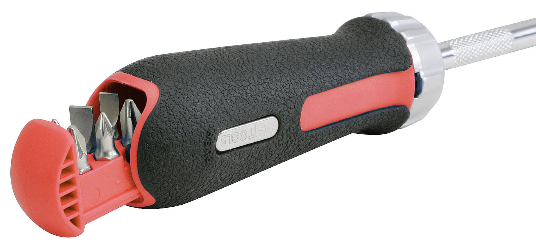 Ein Schraubendreher mit einem ergonomischen, schwarzen Griff und roter Abdeckung. Er hat integrierte, auswechselbare Bits.