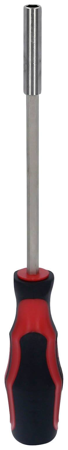 Schraubendreher mit rotem und schwarzem Griff, Metallspitze. Vermittelt Werkzeugeinsatz im Handwerk oder Heimwerken.
