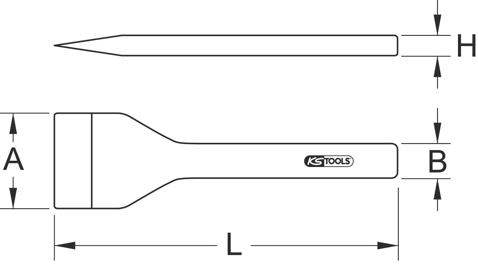 Diagramm eines Schlagdorns mit Abmessungen: A für Kopfgröße, B für Durchmesser des Griffs, L für Länge, H für Spitzenhöhe.