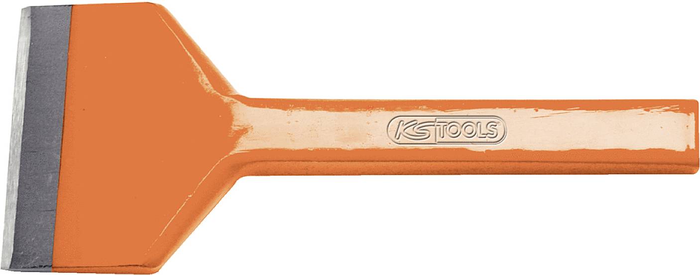 Ein orangefarbener, robuster Schaber mit einem Metallblatt, ideal zum Entfernen von Materialien von Oberflächen.