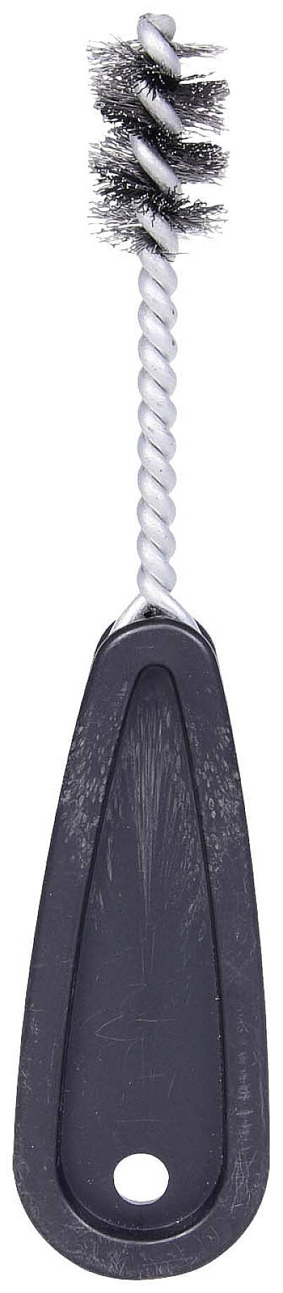 Eine schwarze Flaschenbürste mit Kunststoffgriff und gedrehtem Draht, der Borsten hält. Geeignet zum Reinigen von Flaschen oder engen Behältern.