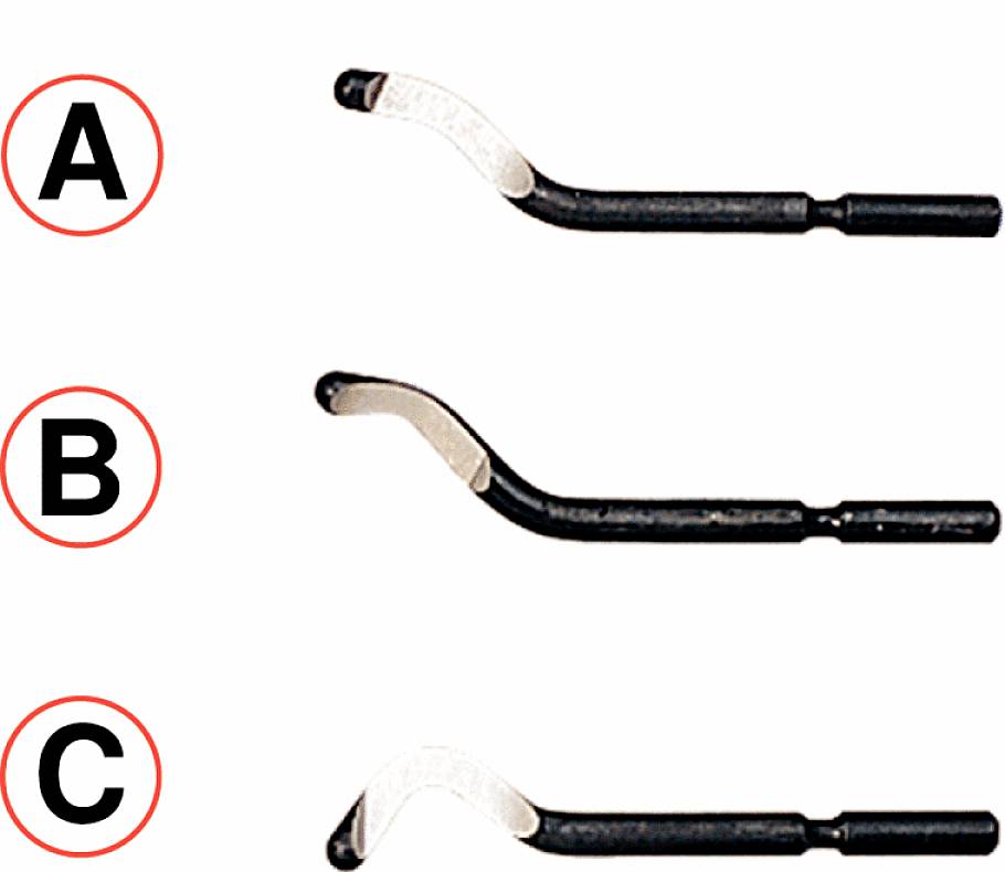 Drei Entgratumswerkzeuge in unterschiedlichen Formen, beschriftet mit A, B und C, auf weißem Hintergrund.