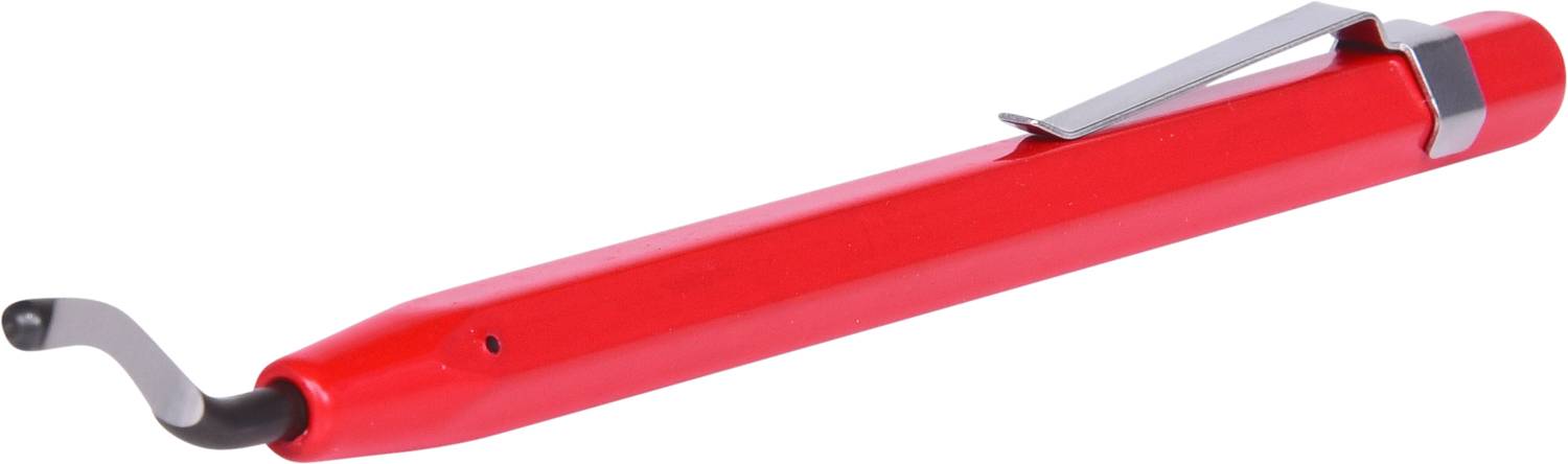 Ein roter Entgrater mit schwarzer Klinge und silbernem Clip, verwendet zum Entfernen von Graten von Materialien.