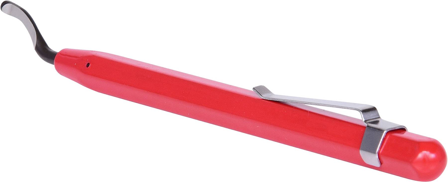 Ein roter Handentgrater mit ergonomischem Griff und schwarzer Klinge. Optimal zum Entgraten von Kunststoff- und Metalloberflächen.