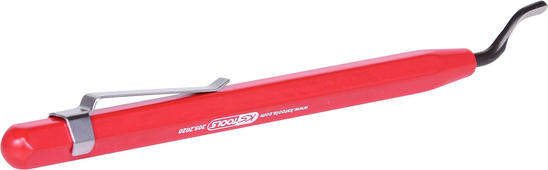 Roter Stoßverbinder mit Metallclip und gebogenem Ende, verwendet zum Verbinden von elektrischen Drähten oder Komponenten.