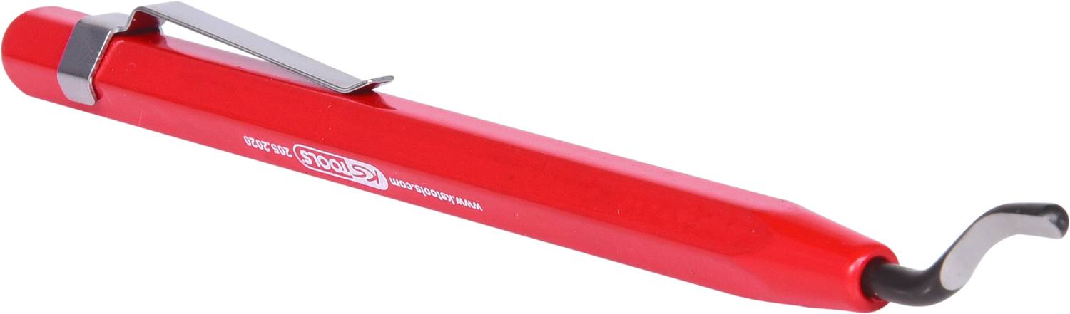 Roter Entgrater mit schwarzer Klinge und Metallclip; wird zum Glätten und Entfernen von Graten an Kunststoff- oder Metallteilen verwendet.