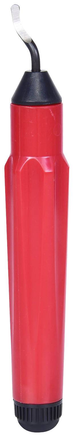 Ein rotes Entgratwerkzeug mit schwarzem Griff, ausgestattet mit einer scharfen Klinge an der Spitze, geeignet für das Entfernen von Graten.