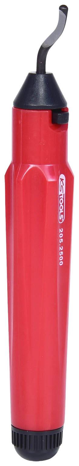 Ein rotes Entgratwerkzeug mit schwarzem Griff und gebogener Klinge zum Entfernen von scharfen Kanten bei der Metallbearbeitung.