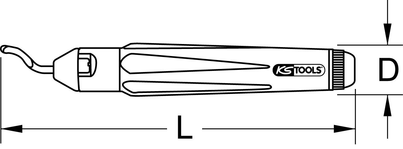Zeichnung eines KS Tools Entgraters mit Abmessungen: Länge (L) und Durchmesser (D) sind gekennzeichnet.