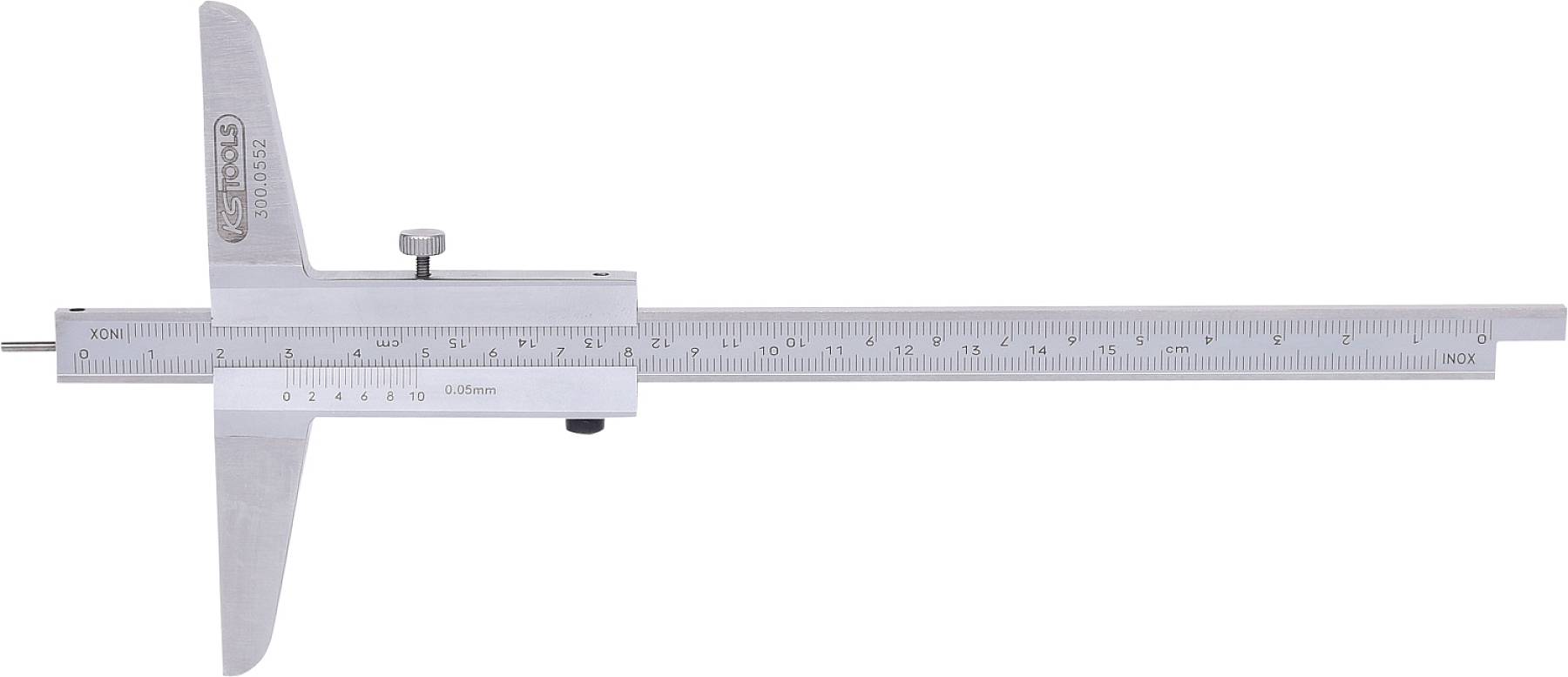 Ein digitaler Messschieber mit Metalllineal und Messspitzen, Millimeter- und Inch-Skala sichtbar.
