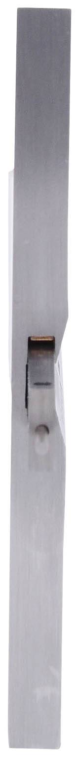 Ein silbernes, metallisches Scharnier ist in seitlicher Ansicht dargestellt. Es zeigt den Gelenkmechanismus mit zwei flachen Bändern.