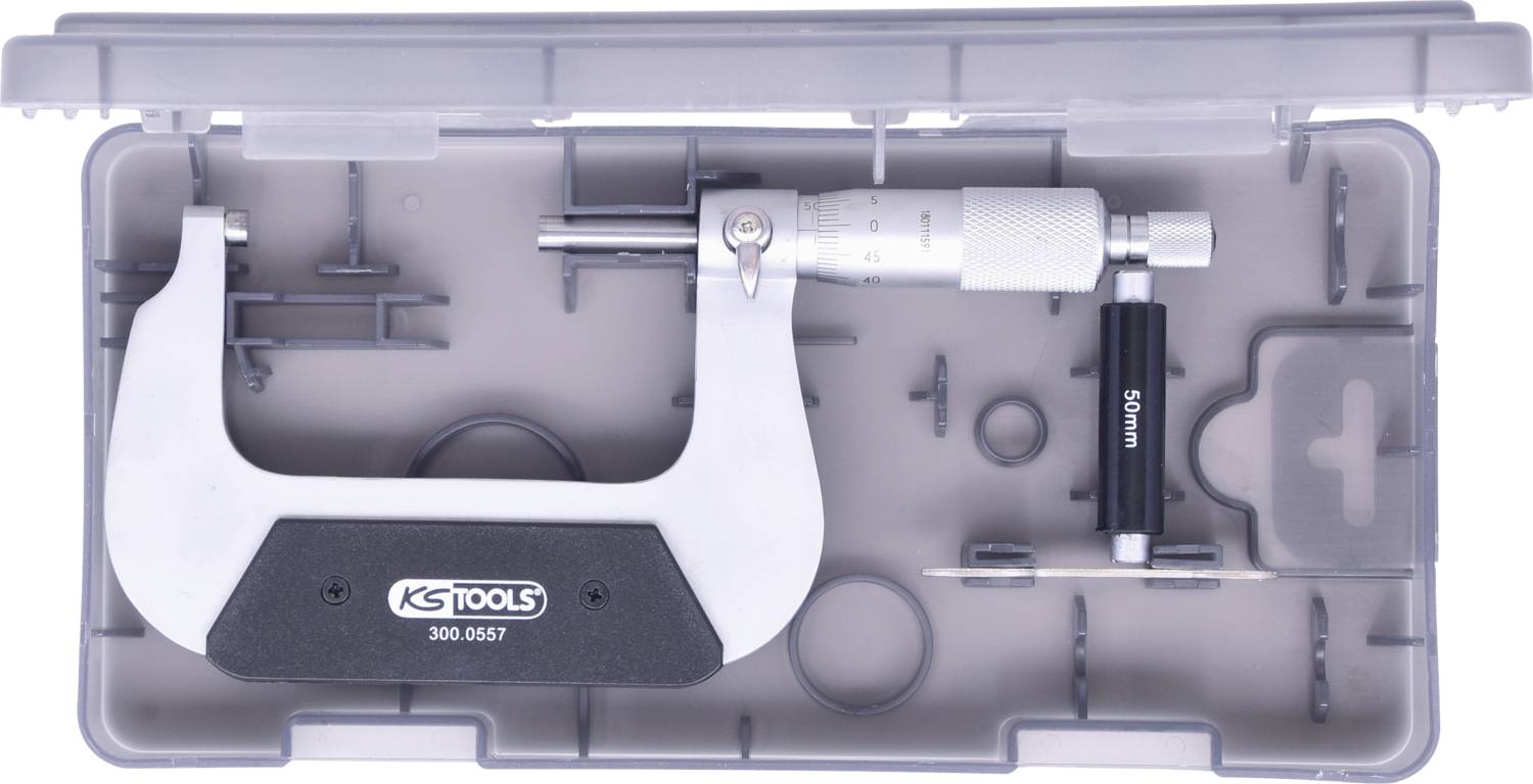 Ein Mikrometer in einem Kunststoffkoffer mit Formeinsätzen, hergestellt von KS Tools. Wird zur präzisen Messung kleiner Objekte verwendet.