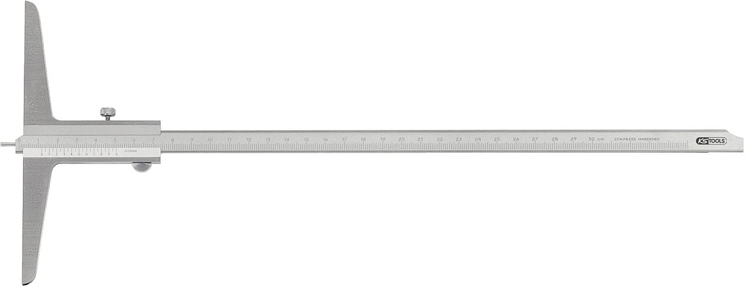 Tiefenmesser aus Metall mit Skala zum Messen von Tiefen in mechanischen Objekten. Enthält eine seitliche Skala für präzise Ablesung.