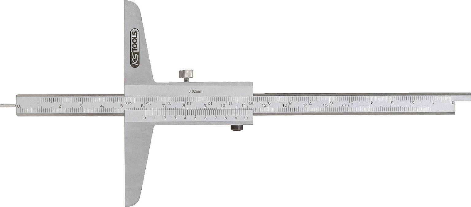 Ein silberner Tiefenmesser mit einer Skala in Millimetern. Verwendet zur Messung von Tiefen in technischen oder handwerklichen Anwendungen.