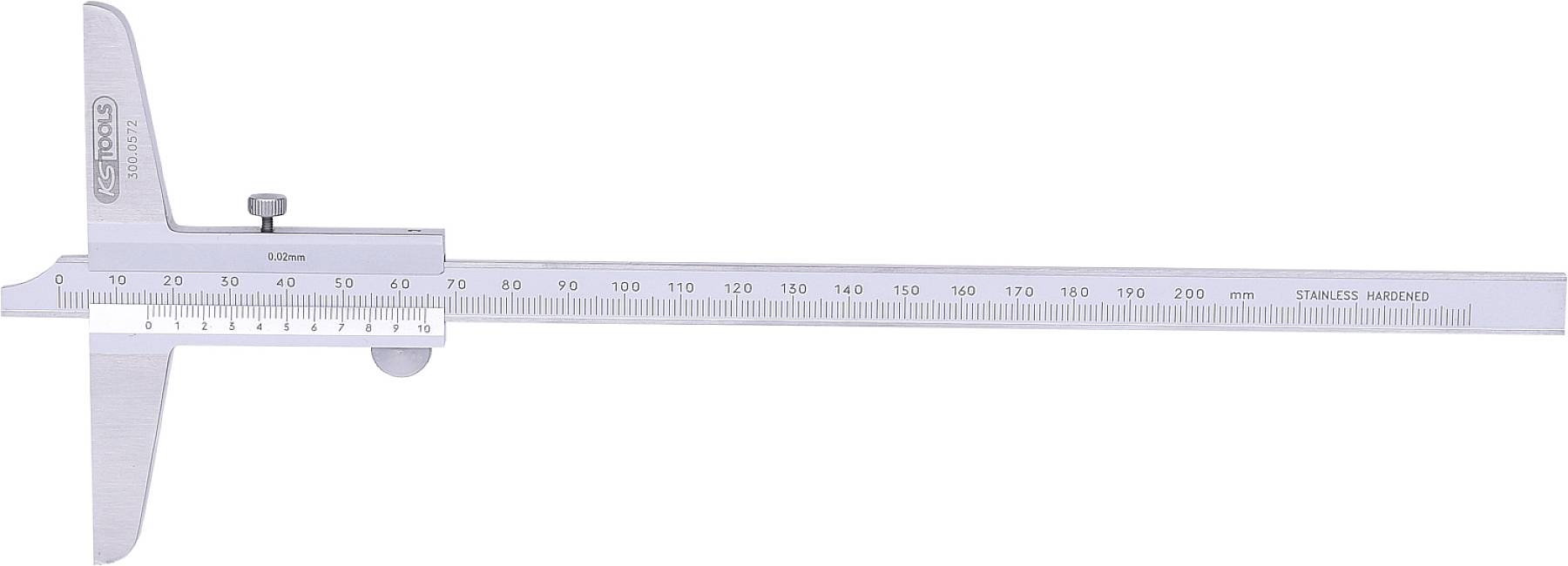 Silberner Messschieber mit Skala von 0 bis 300 mm, verwendet zur präzisen Messung von Innen-, Außen- und Tiefenmaßen.
