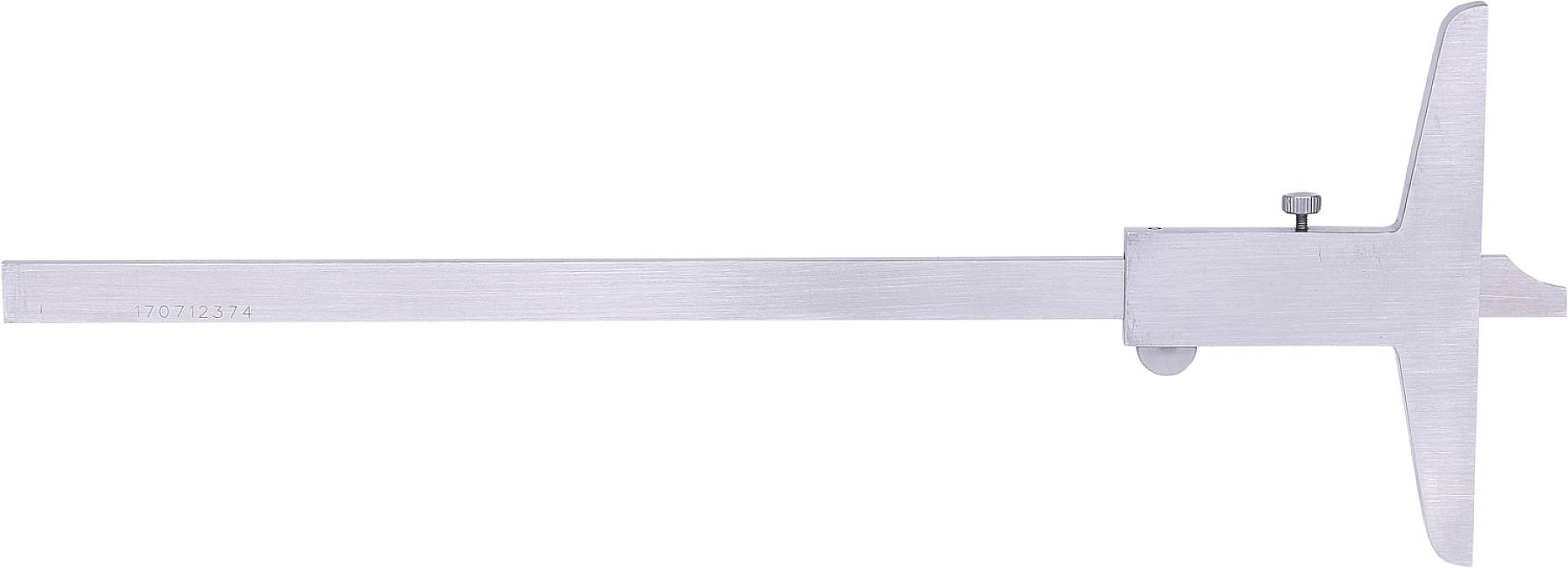 Ein verstellbarer Messschieber aus Metall zur Ermittlung von Tiefenmaßen, ausgestattet mit einer Schraube zur Fixierung der Skala.