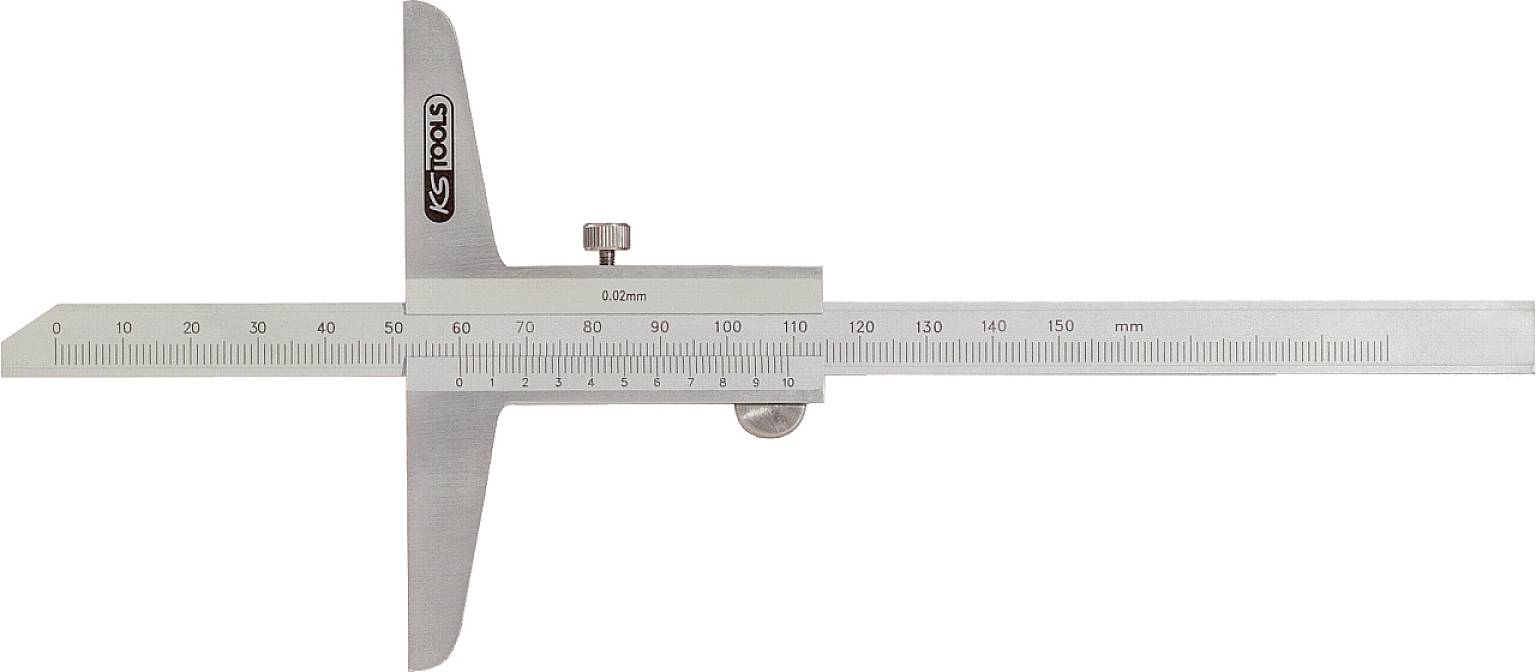 Stahl-Tiefenmesser auf weißem Hintergrund. Messskala von 0 bis 200 mm. Ideal zur Bestimmung von Tiefen in Präzisionsarbeiten.