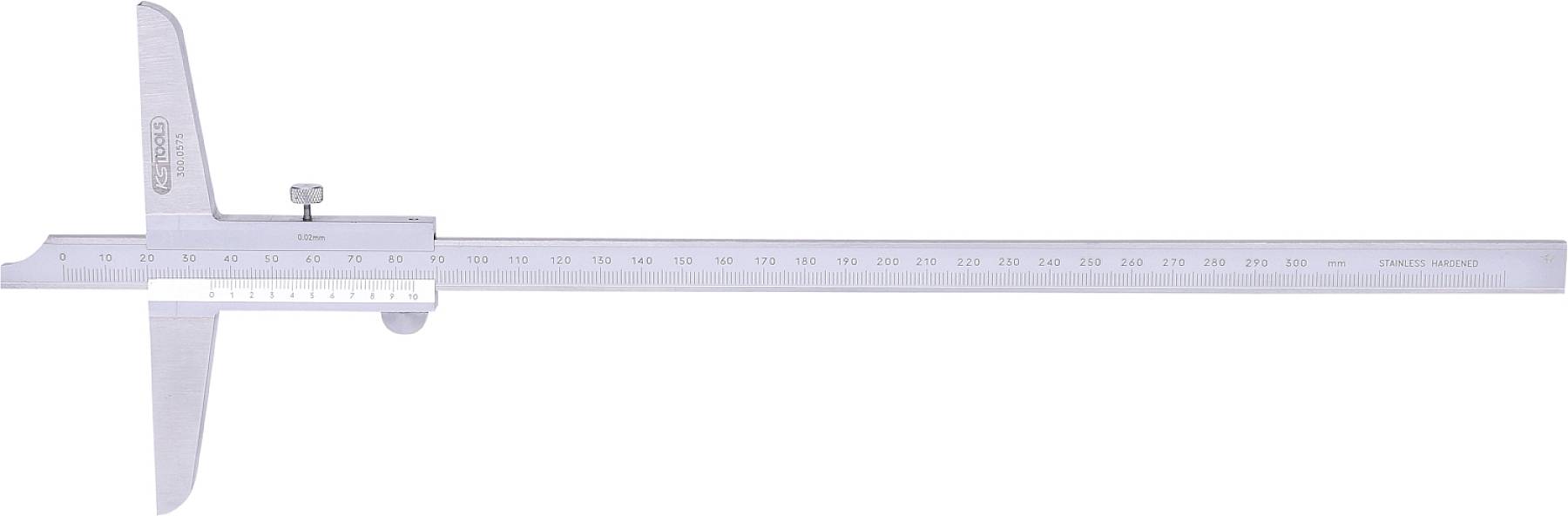 Ein langer Messschieber aus Metall mit metrischer Skala. Dient zur genauen Messung von Längen oder Durchmessern.