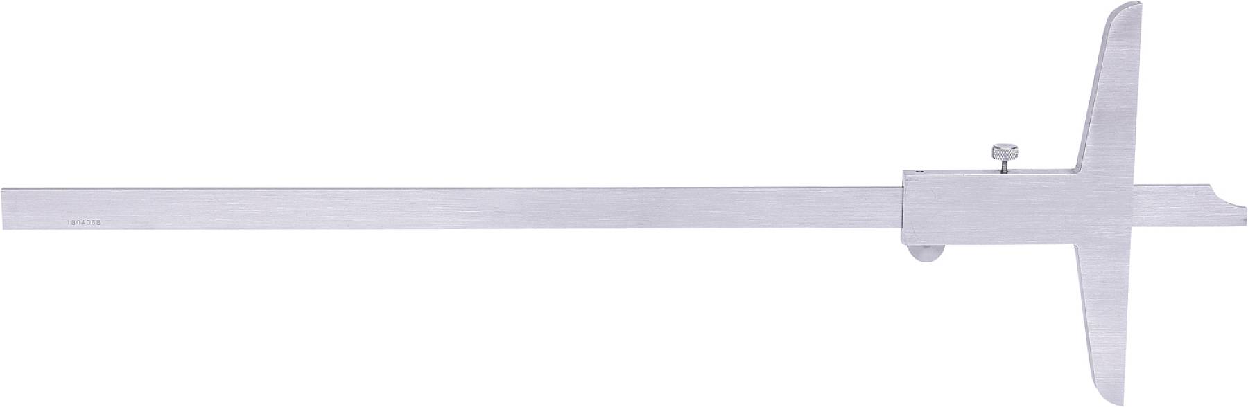 Ein Tiefenmesser aus Metall mit langer Skala und beweglichem Schieberegler, verwendet zur Messung von Tiefen oder Abständen in technischen Anwendungen.