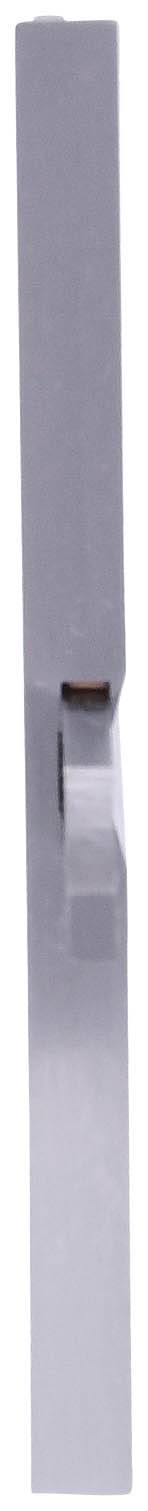 Metallischer Bauteil, seitliche Ansicht; rechteckige Form mit abgerundeten Kanten und einer Vertiefung; silbernes Material.