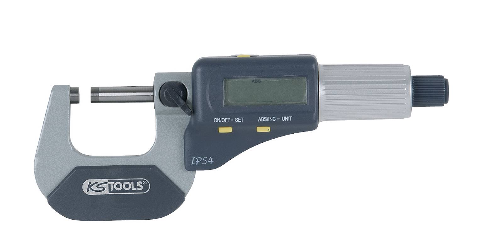 Elektronisches Mikrometer, grau und schwarz, mit digitaler Anzeige zur präzisen Messung kleiner Objekte und Werkstücke.